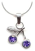 Sterling Silver Amethyst Gemstone Pendant Necklace in Cherry Design, February Birthstone, with 16 Inch Snake Chain