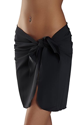 Short Non Sheer Stretch Black Swimsuit Sarong Cover up with Built in Ties