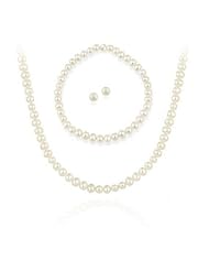 Valentines Gift Sterling Silver 5-6mm Genuine Freshwater Cultured White Pearl Necklace, Stretch Bracelet & Stud Earrings Set