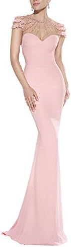 Roseshine Women's Sheer Mermaid Formal Party Gowns Crew Crystal Beading 10 Pink