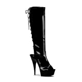 5 3/4 Inch Heel Black Peep Toe Boot Sexy Stretch Patent Back Lace Knee High Boots