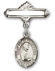 Sterling Silver Baby Badge with St. Pio of Pietrelcina Charm and Polished Badge Pin