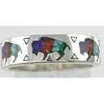 Southwestern Style Buffalo Band Ring with Lapis, Coral, Turquoise & Malachite Chip Inlay in Sterling Silver for Men or Women, Sizes 5, 6, 7, 8, 9, 10, 11, 12, 13, 14, and 15, #10828