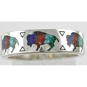 Buffalo Band Ring with Turquoise, Coral, Lapis & Malachite Inlay in Sterling Silver, #10828