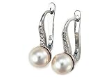 14K White Gold Earrings with Pave Set Diamonds, Set with Cultured Pearls