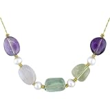 10K yellow gold 6.5-7mm white freshwater pearl and oval multi-gemstone necklace
