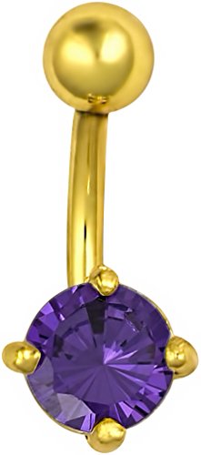 14kt Gold Plated Purple Simulated Diamond CZ Solitaire Belly Button Ring