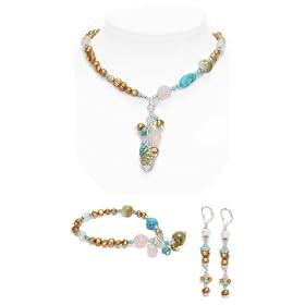 Genuine Gold Colored Freshwater Pearl, Turquoise, Rose Quartz, and Shell Necklace with... by Rose Gold Bracelet