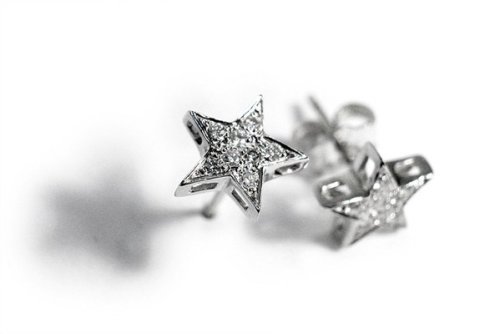 14K White Gold Stud Earrings with Pave set Diamonds and Star Design