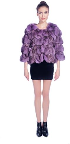 QDFUR Women's Fox Head Fur Jacket O-Neck With 3/4 Sleeve Pieced Coat XS Purple