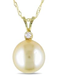 14k Yellow Gold 9-9.5 MM South Sea Cultured Pearl, and Diamond Pendant (0.024 Cttw, G-H Color, I1-I2 Clarity), 17"