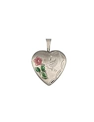 Sterling Silver Heart Shape Sterling Silver Locket With A Bird And Colored Flower Design