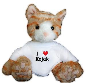 Brown Cat Plush Toy with I Love Kojak t-shirt (first name, last name, nickname)