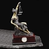Executive Lawyer Gift- Bronzed Legal Brass Seated Lady Justice Quartz Clock on Burlwood Bronze Statue Sculpture