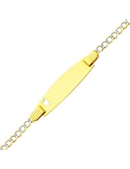 14K Yellow Gold White Pave 2.5mm Baby Heart ID Concave Curb Bracelet with Lobster Claw Clasp - 6" Inches