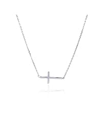 Rhodium Plated Sterling Silver High Polish Plain Sideways Cross Charm Necklace with 16"-18" Adjustable Chain
