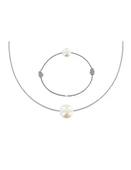 Les Poulettes Jewels - Necklace and Bracelet Set White Pearl 8-9 mm with Grey Color Wax Cord