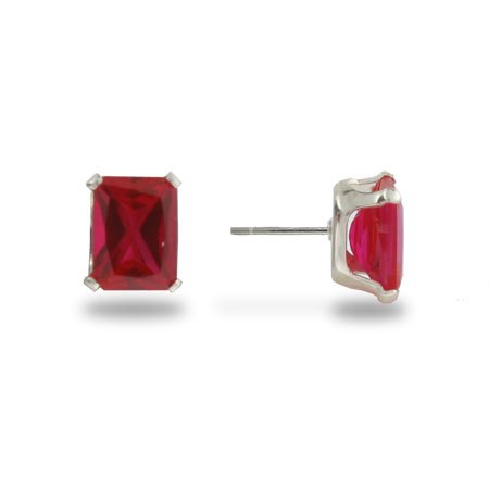Eve's Addiction Emerald Cut Sterling Silver Ruby CZ Stud Earrings