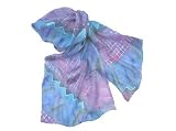 ArtisanStreet's Metallic Blue Hand Painted Charmeuse & Chiffon Silk Scarf. Features Zigzag Stripes In Metallic Blues And Lilac. One Of A Kind. Signed By Artisan.
