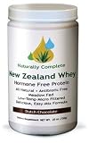 Naturally Complete New Zealand Whey All Natural Hormone Free Protein Dark Chocolate 25 oz. Servings Per Container: 72 - Antibiotic Free - Meadow Fed - Low-Temp Micro Filtered Easy-Mix. This product is free of wheat, gluten, egg, fish, shellfish, peanut, tree nuts, yeast, soy protein, MSG, GMO, artificial color, artificial flavor, and preservatives). Restore your pH....Alkalize....Energize! GMP Certified.