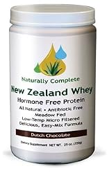 Naturally Complete New Zealand Whey All Natural Hormone Free Protein Dark Chocolate 25 oz. Servings Per Container: 72 - Antibiotic Free - Meadow Fed - Low-Temp Micro Filtered Easy-Mix. This product is free of wheat, gluten, egg, fish, shellfish, peanut, tree nuts, yeast, soy protein, MSG, GMO, artificial color, artificial flavor, and preservatives). Restore your pH....Alkalize....Energize! GMP Certified.