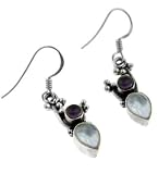 Genuine Rainbow Moonstone and Amethyst Gemstone Sterling Silver Hook Earrings