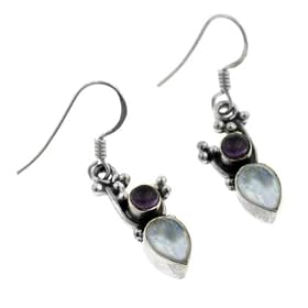 Genuine Rainbow Moonstone and Amethyst Gemstone Sterling Silver Hook Earrings by Moonstone Birthstones