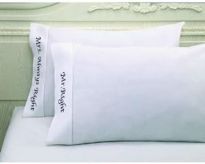 Set of 2 Luxury Pillowcases Linen Embroidery Bedding Standard Size - 20" x 30" , FBA-B-332-Mr. Right- Mrs Always Right