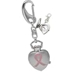 Pink Ribbon Breast Cancer Awareness Heart Pocket Keychain Watch - It Opens
