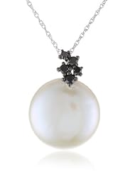 10K White Gold 14 - 14.5mm Freshwater Cultured Pearl and (0.14 cttw, I2-I3 Clarity) Black Diamond Pendant Necklace, 17"