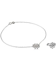 Sterling Silver Toe Ring and Chain Anklet with Cubic Zirconia Flower, 10"