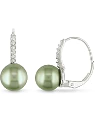 8-8.5mm Green Tahitian Pearl and 1/10 ct.t.w. Diamond Earrings in 14k WG