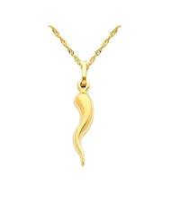 14K Yellow Gold Medium Cornicello Italian Horn Charm Pendant with Yellow Gold 1.2mm Singapore Chain with Spring Ring Clasp - Pendant Necklace Combination (Different Chain Lengths Available)