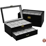 Watch Box Storage Chest for 20 Watches Black Wood Finish See Thru Top Jewlery Gift Case