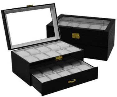 Watch Box Storage Display Chest for 20 Watches Black Wood Finish See Thru Top Jewlery Gift Case