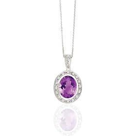 STUNNING 1.75 CT OVAL BEZEL SET AMETHYST AND DIAMOND 14K WHITE GOLD PENDANT by Fairfield Jewelers