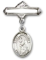 Sterling Silver Baby Badge with St. Margaret Mary Alacoque Charm and Polished Badge Pin