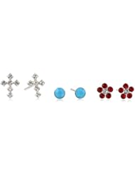 Kate & Lucy Girls Sterling Silver 3 Piece Crystal Cross and Flower Ball Earrings Set