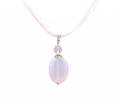 Necklace - N26 - Genuine Semi Precious Gemstone on Five-Strand Organza and Cotton Cord + 2" Extension Chain - Oval Shape ~ Pink Opalite