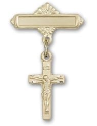 Gold Filled Baby Badge with Crucifix Charm and Polished Badge Pin