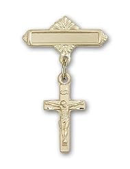 14kt Gold Baby Badge with Crucifix Charm and Polished Badge Pin