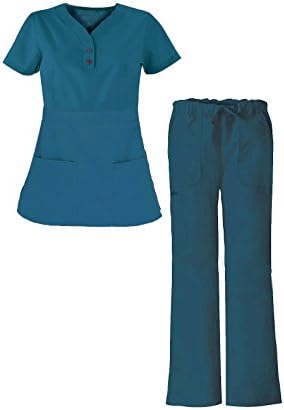 G Med Women's Button Down Notch Neck Solid Scrub Top and Pant 2 Piece Sets