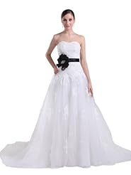 A-line Strapless Sweetheart Tulle Spring Fall Crystal  Lace-Up Applique Wedding Dress  with a Court Train  With a Ribbon  and Rhinestones and a Sash 