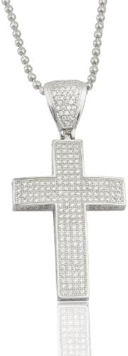 925 Sterling Silver Fully Iced Out Cubic Zirconia Cross Pendant with a 24 Inch Brass Moon Cut Necklace