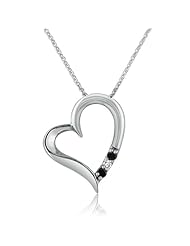 Sterling Silver Black and White Diamond 3 Stone Heart Pendant Necklace, 18inch