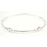 Crystal: Diamond April Birthstone Sterling Silver Ankle Bracelets:Swarovski Crystal Adjustable Beaded Anklets.