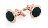 Rose gold plated soft square cufflinks with onyx. Presentation boxed. Made in the U.S.A