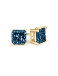 2 ct Enhanced Solitaire Blue Diamond Stud Earrings in Yellow Gold Quality Best