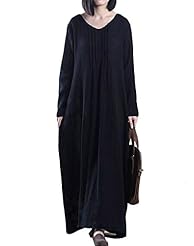  Round Neck Long Sleeves Linen Maxi Dress  With Ruffles