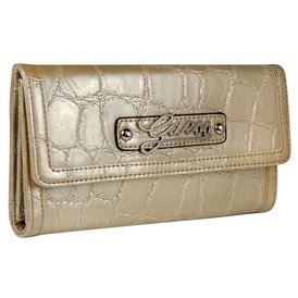 Buy Ladies Celeste Natural Shiny Synthetic Leather Tri-Fold Wallet: Natural Tri-Fold by GUESS